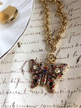 Ahava Jewels Gold Butterfly Pendant Necklace with Multicolor Crystal Accents